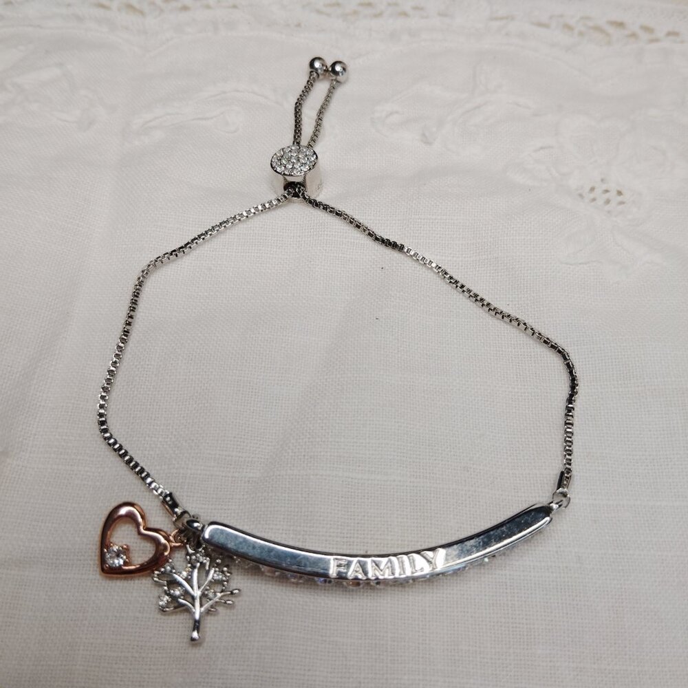 IBB “Family” Bolo Bracelet – Stainless/Silver‑Tone with CZs, Heart & Tree Charms